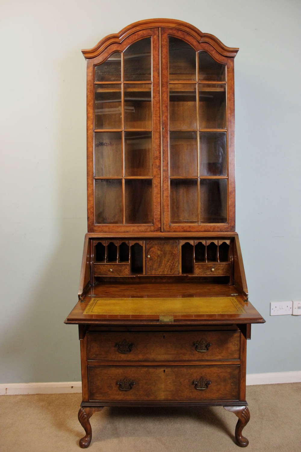 Antique 20th Century Burr Walnut Bureau Bookcase