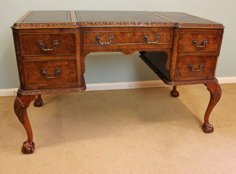 Antique Burr Walnut Kneehole Writing Desk