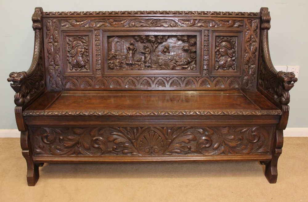 Antique Victorian Oak Box Settle, Hall Seat, Monks Bench.