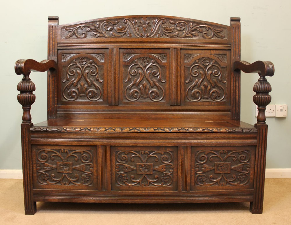 Antique Victorian Carved Oak Box Settle, Hall Seat, Monks Bench.
