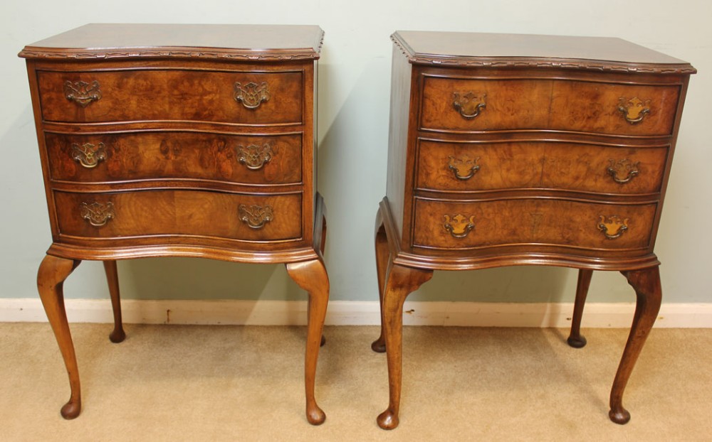 Antique Figured walnut Matched Pair Bedside Tables, Cabinets.