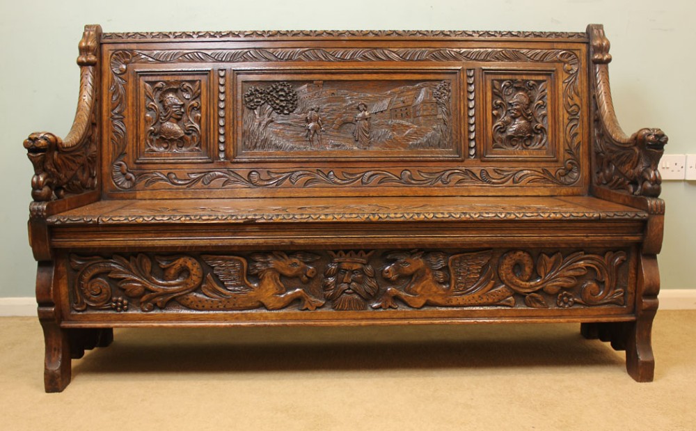 Antique Victorian Carved Oak Settle, Monks Bench, Hall Seat.