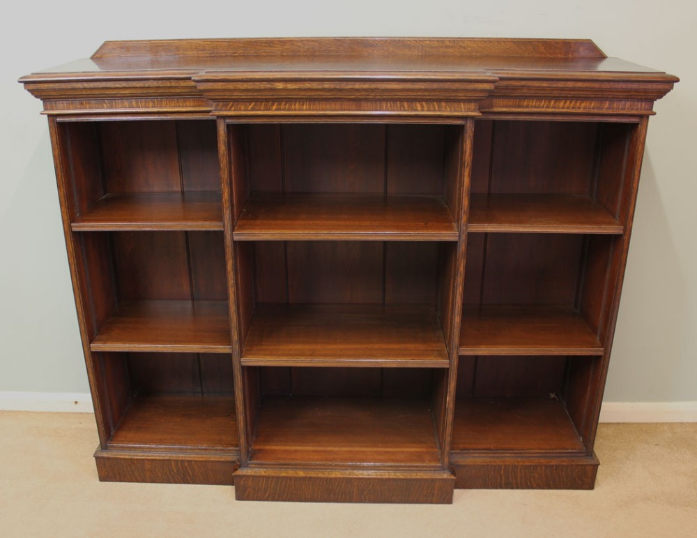 Antique Edwardian Oak Breakfront Open Bookcase, 