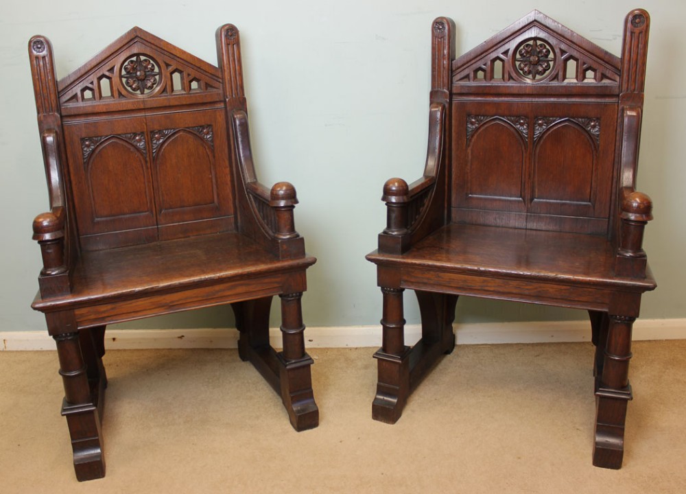 Antique Victorian Pair Oak Gothic Chairs