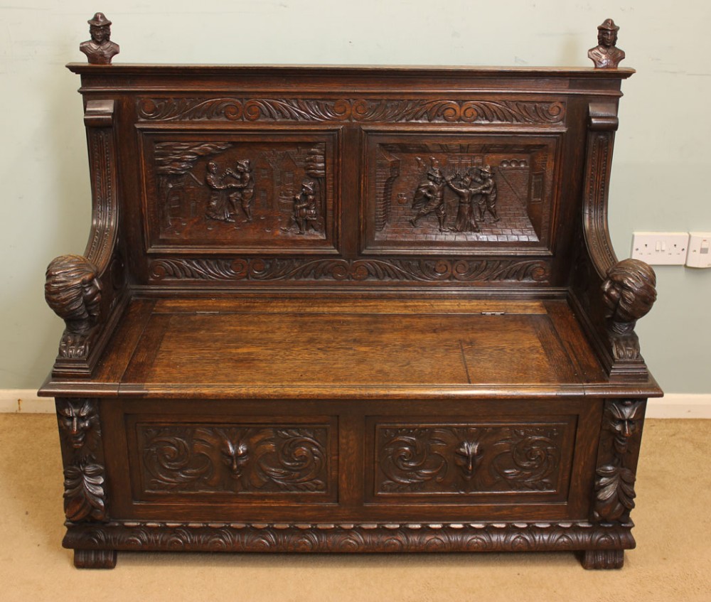 Antique Victorian Carved Oak Settle, Hall Seat, Monks Bench,