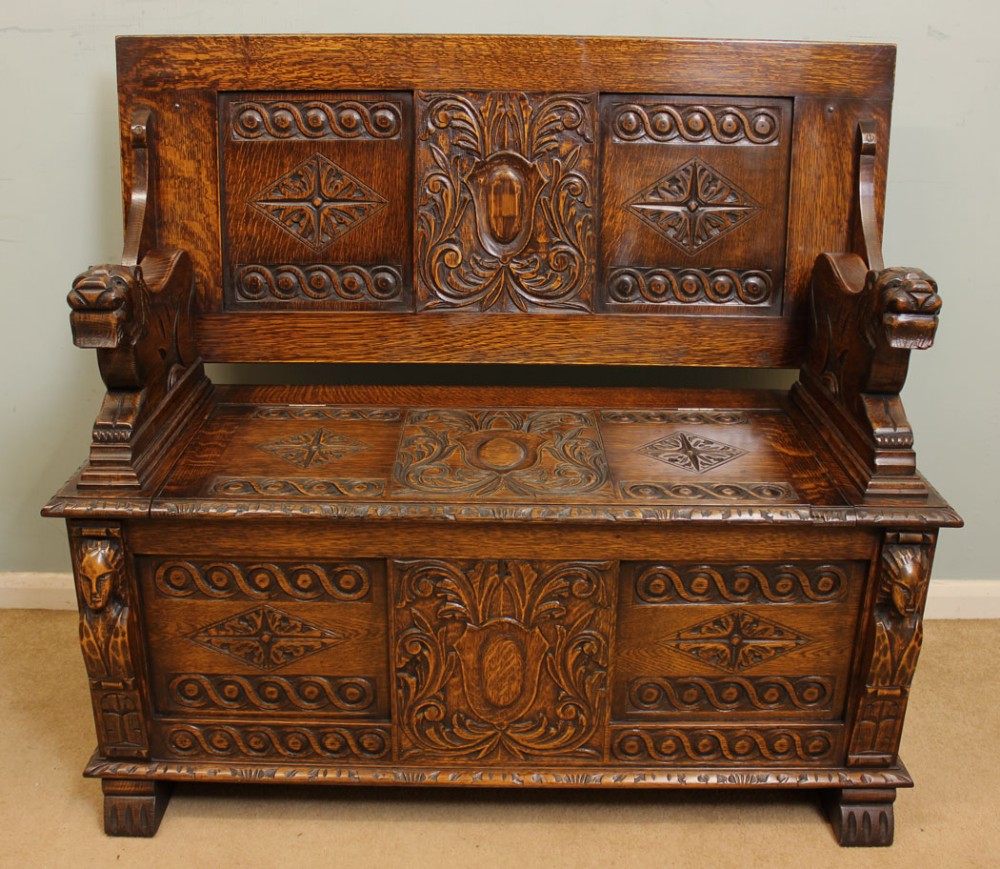 Antique Carved Oak Monks Bench,