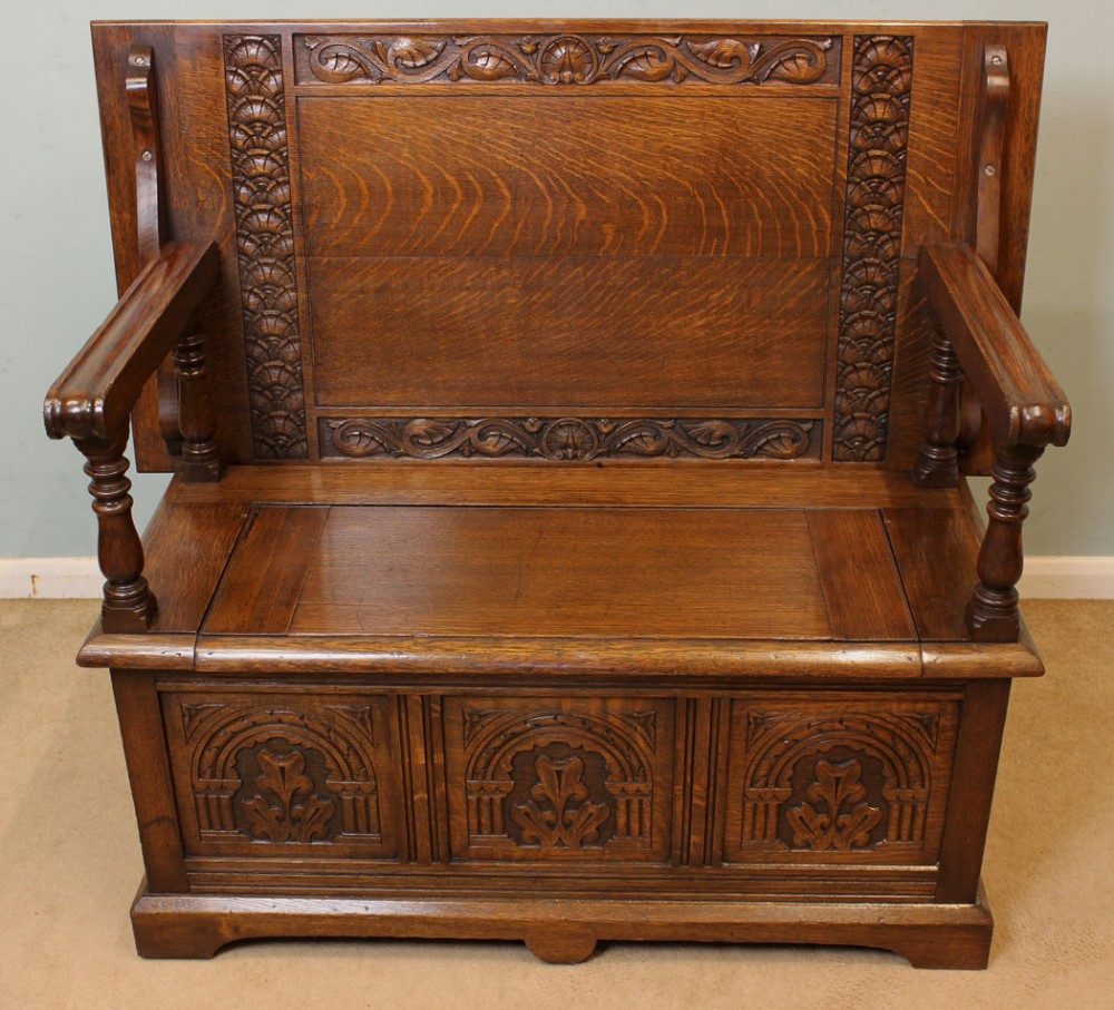 Antique Oak Monks Bench, Hall Seat, Settle.