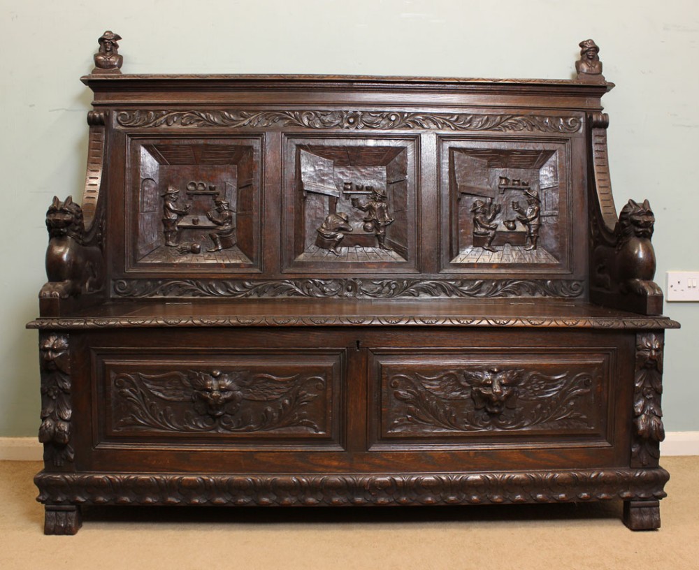 Antique Victorian Carved Oak Settle, Hall Seat.