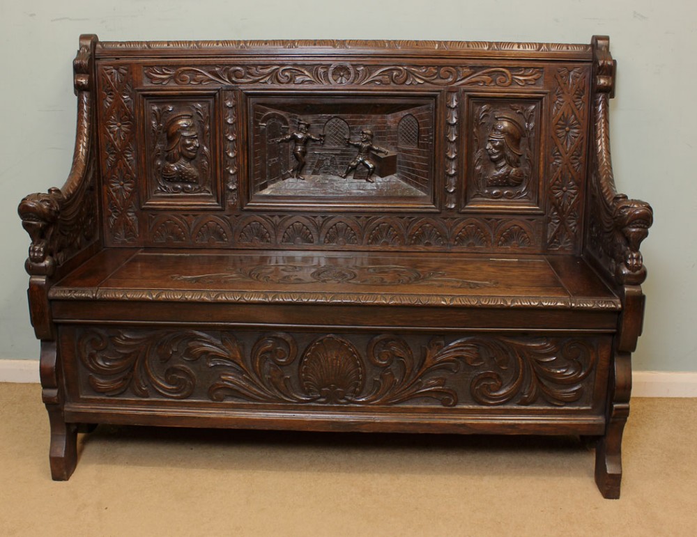 Victorian Carved Oak Box Settle, Hall Seat