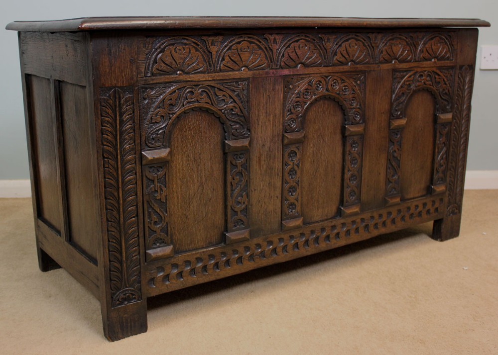 Antique Carved Oak Coffer, Blanket Box, Chest, 