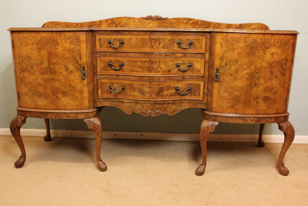 Antique Burr Walnut Queen Anne Style Sideboard