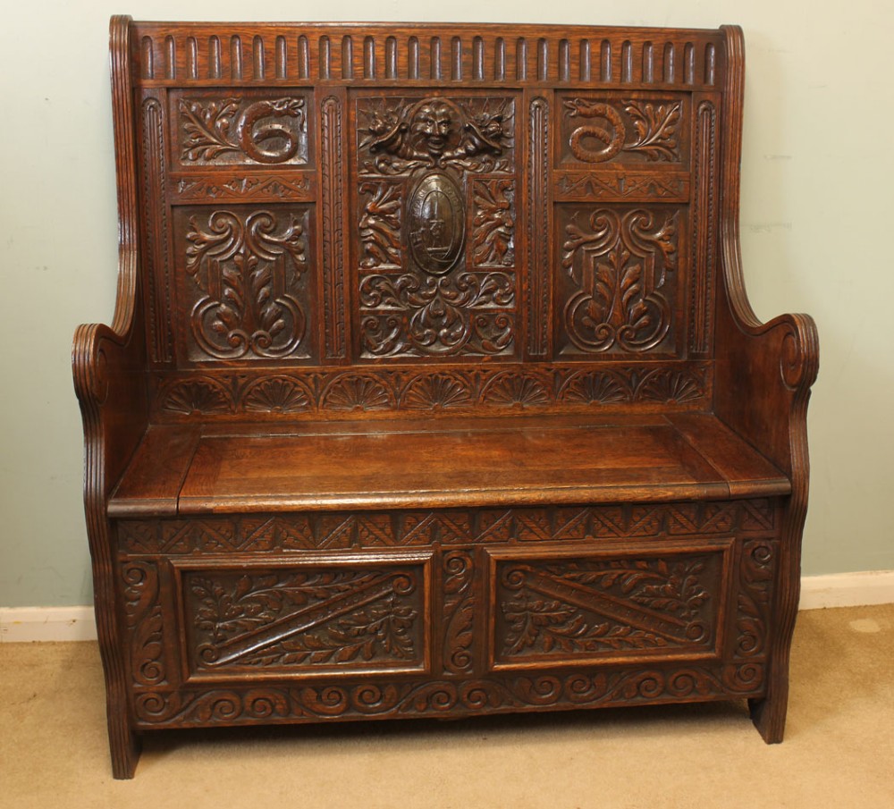 Carved Oak Box Settle, Hall Seat, Monks Bench, 