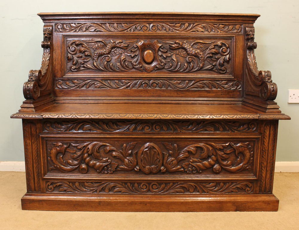 Victorian Carved Oak Box Settle, Hall Seat, Monks Bench
