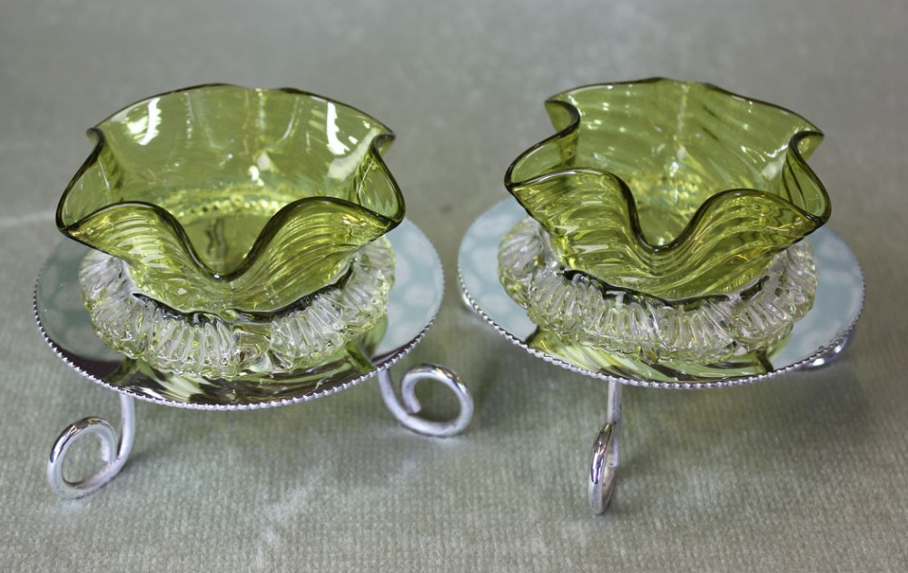 Pair Antique Edwardian Green Glass Salts