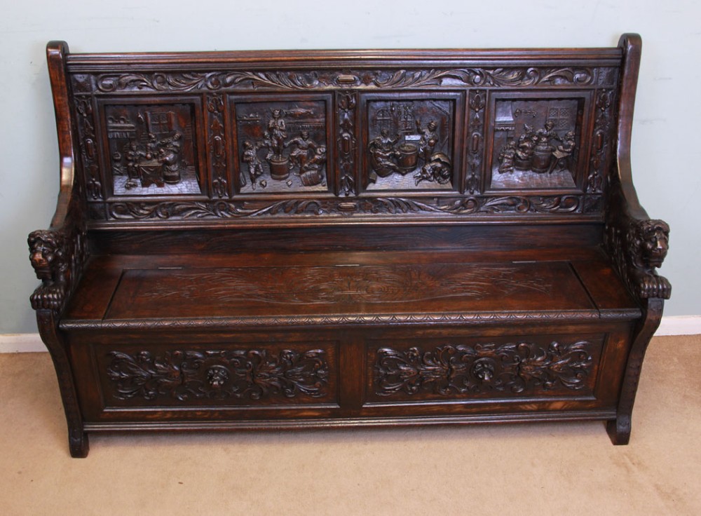 Victorian Carved Oak Box Settle, Monks Bench, Hall Seat