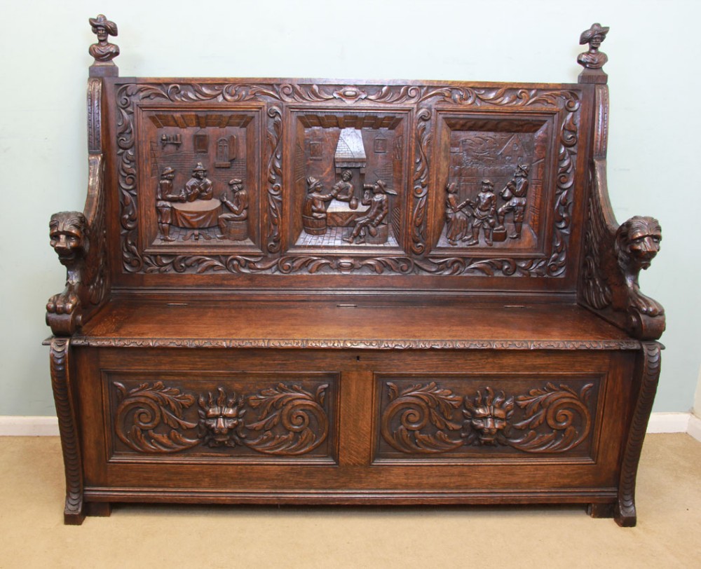 Victorian Oak Box Settle, Monks Bench, Hall Seat