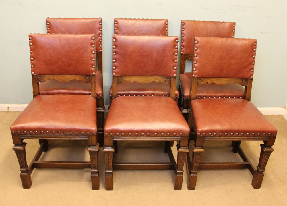 Antique Oak Set Six Leather Country Dining Chairs