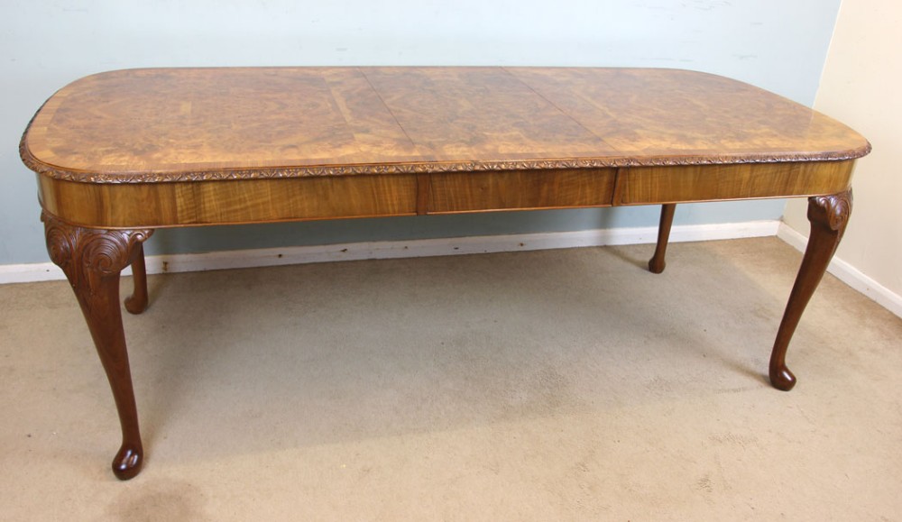 Antique Burr Walnut Queen Anne Style Extending Dining Table