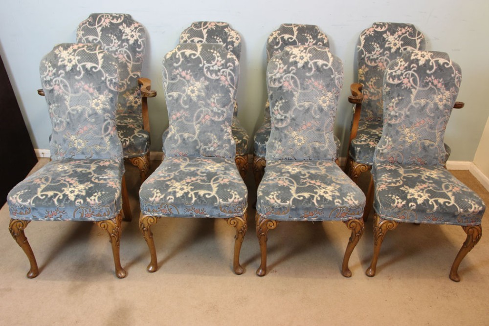 Set of Eight Walnut Queen Anne Style Dining Chairs