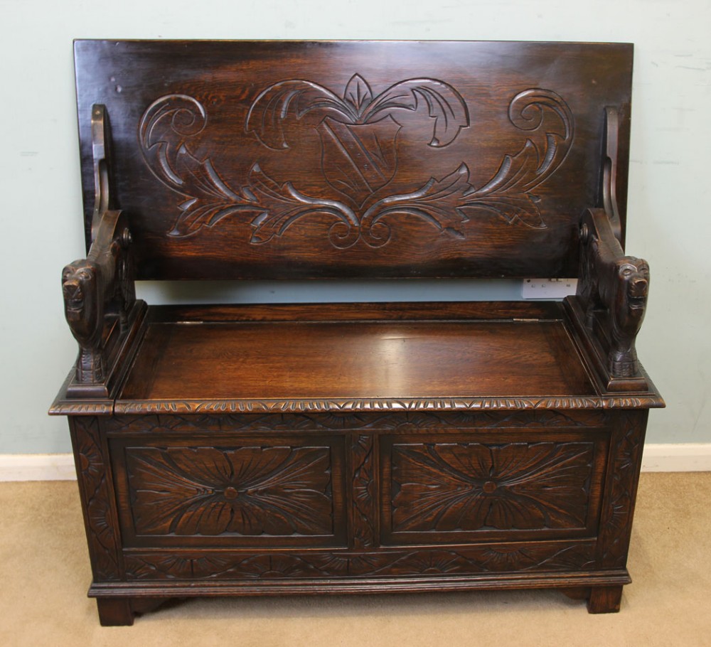 Antique Carved Oak Monks Bench, Hall Seat, Settle.
