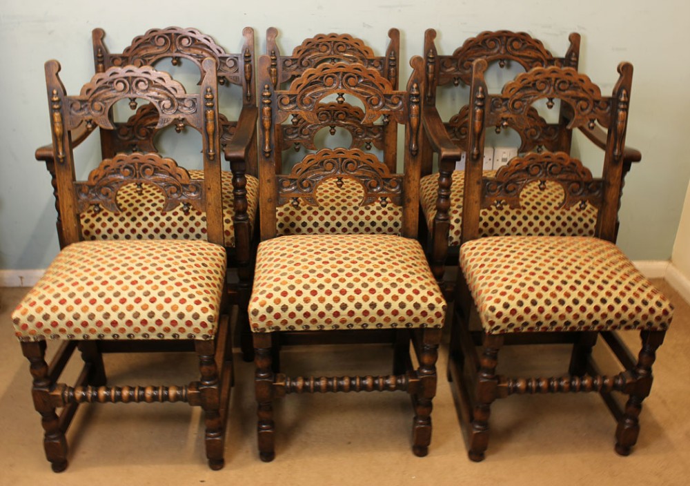Set Six Antique Country Oak Dining Chairs