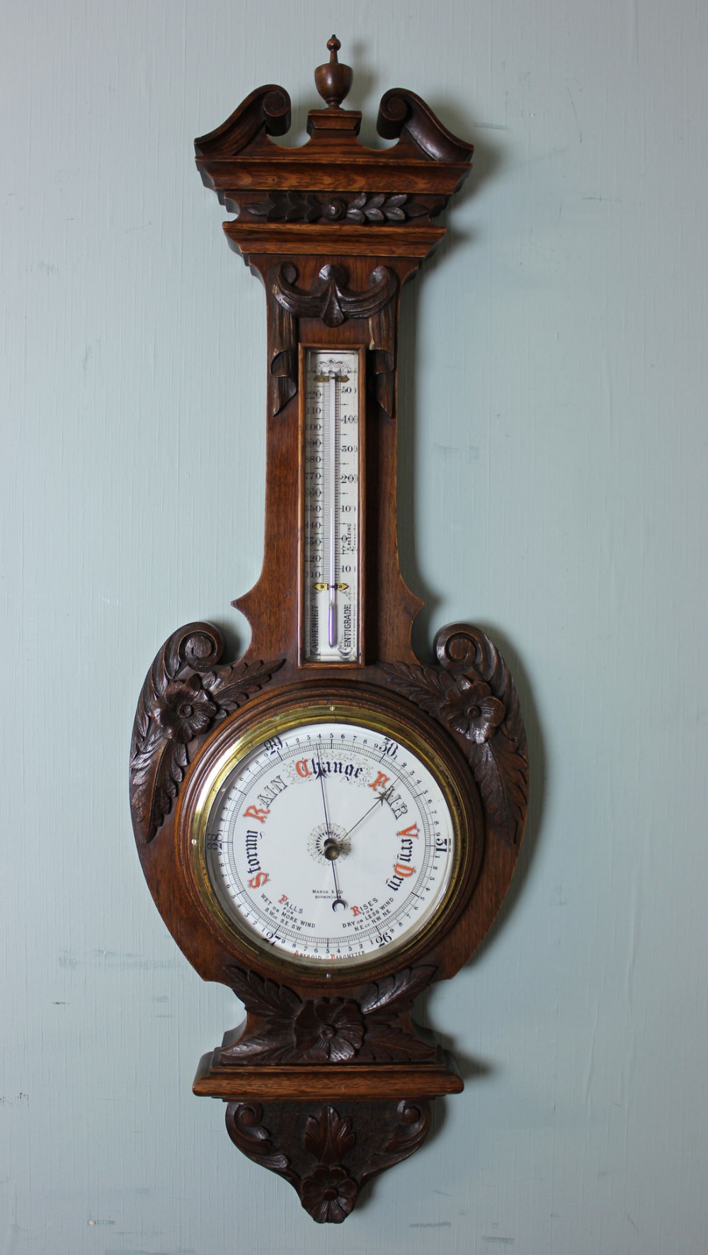 Antique Carved Oak Aneroid Barometer