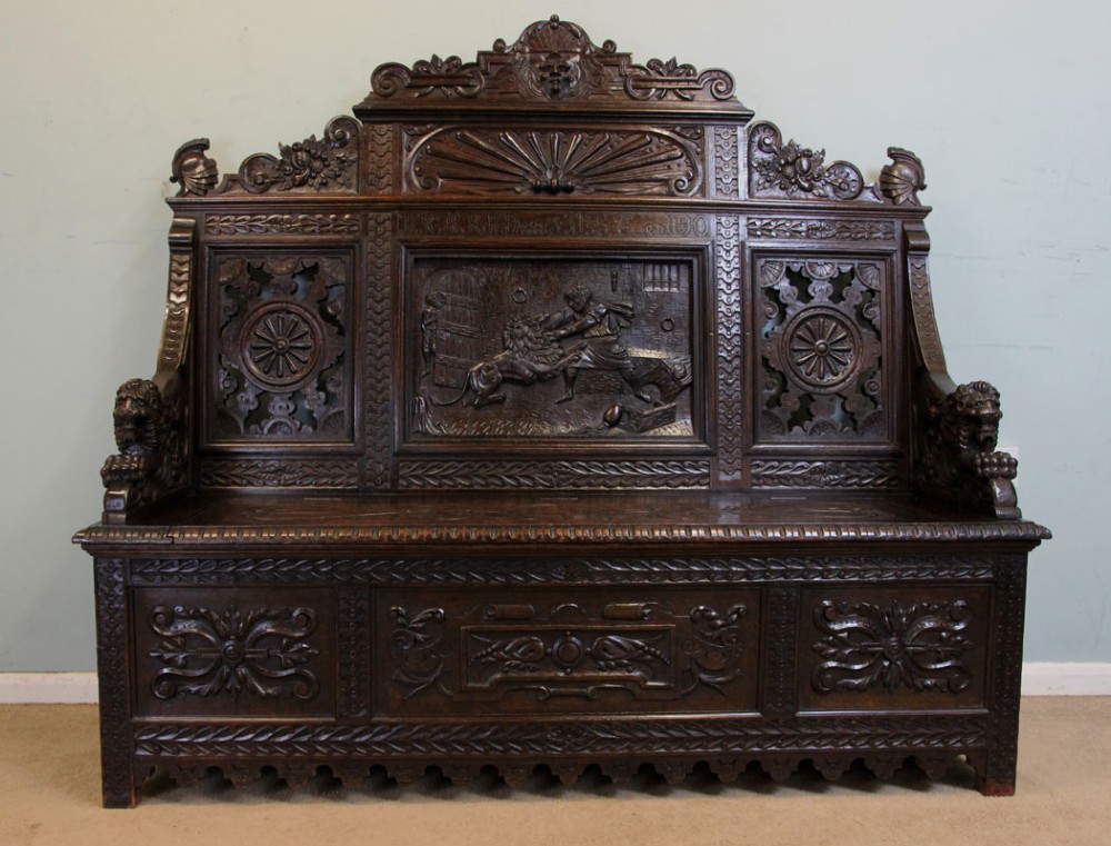Antique Green Man Carved Oak Settle Monks Bench Hall Seat