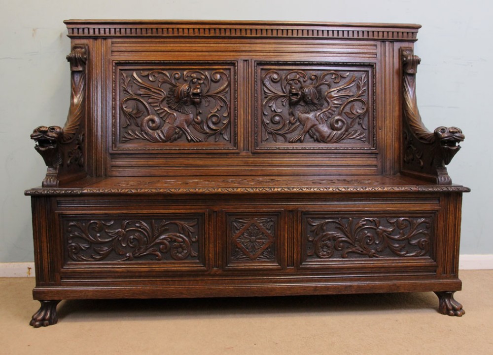 Antique Victorian Carved Oak Settle Monks Bench