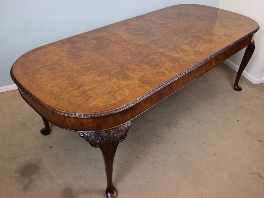 Queen Anne Style Burr Walnut Extending Dining Table