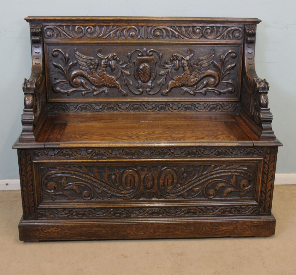 Antique Carved Oak Box Settle Monks Bench