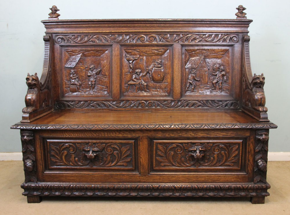 Antique Victorian Oak Settle Hall bench