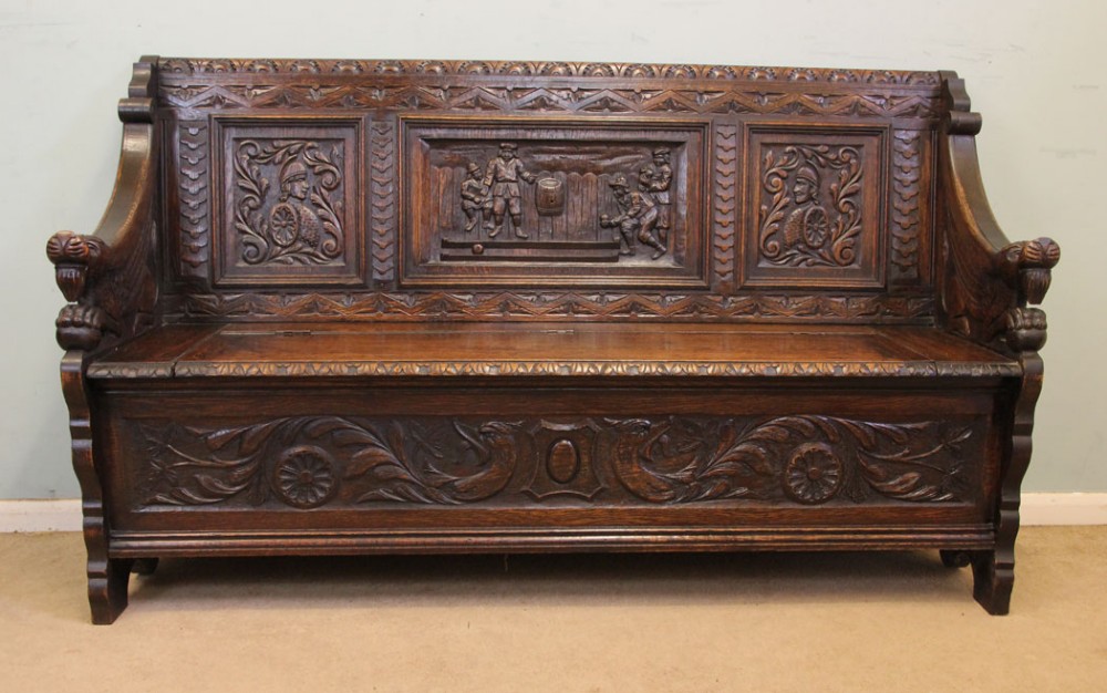 Antique Victorian Carved Oak Settle Hall Bench