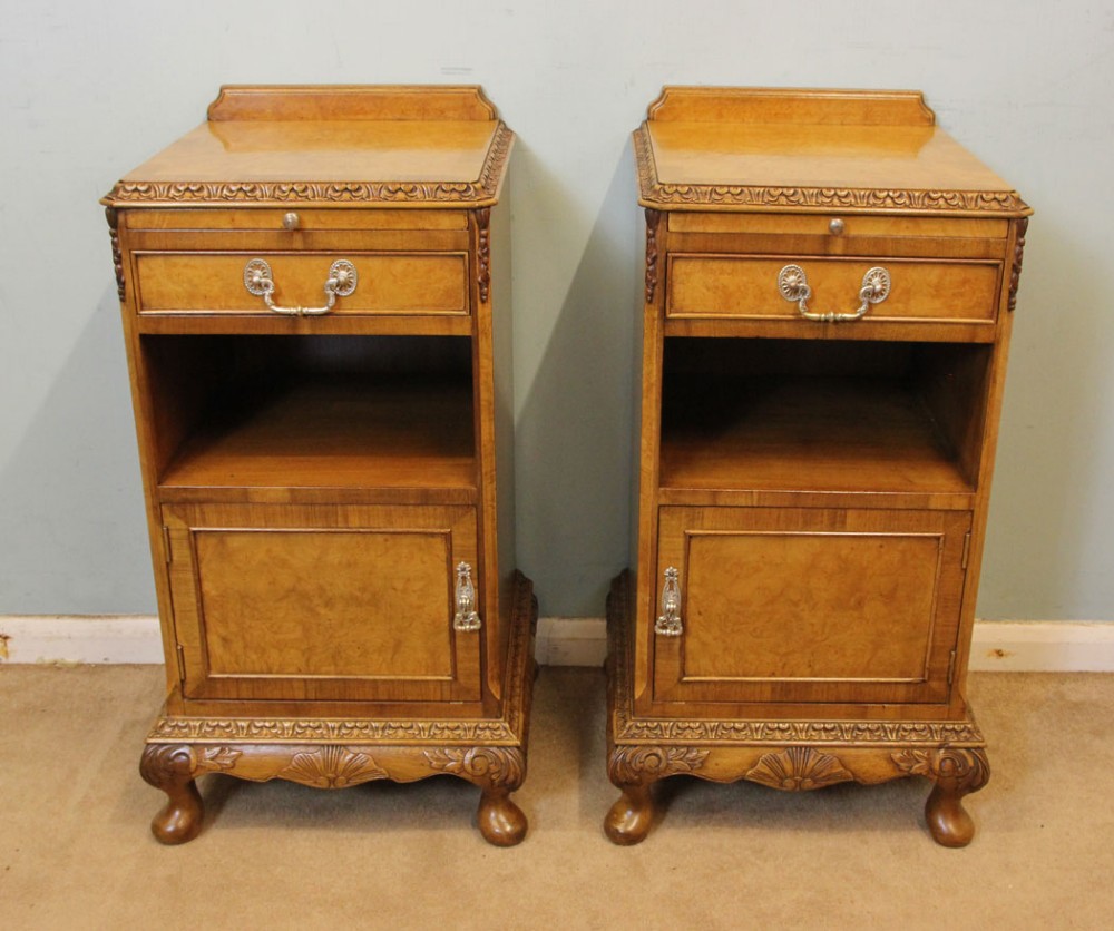 Pair Burr Walnut Bedside Tables Cabinets Cupboards