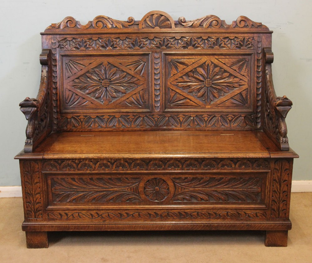 Antique Carved Oak Settle Hall Seat Monks Bench