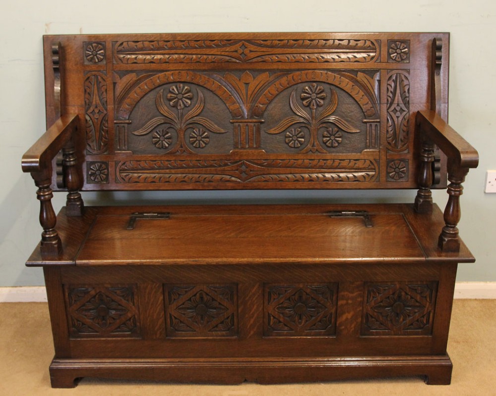 Antique Carved Oak Settle Monks Bench Hall Seat