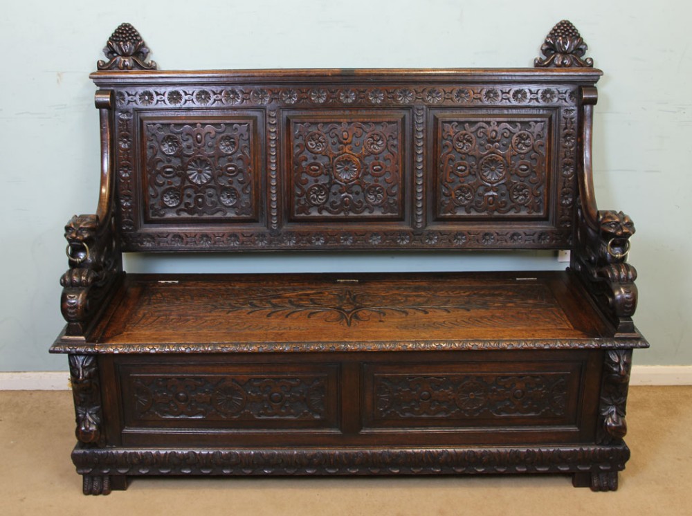 Antique Victorian Oak Settle Monks Bench Hall Seat 