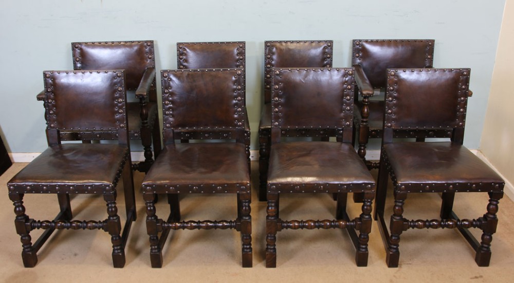 Set Eight Country Oak & Leather Dining Chairs