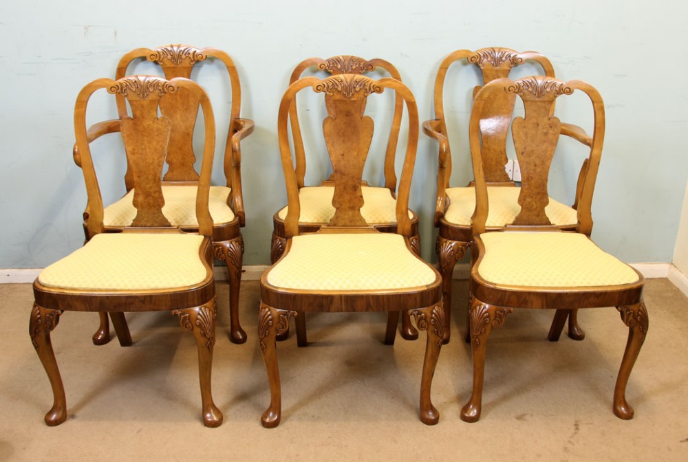 Set Six Queen Anne Style Burr Walnut Dining Chairs,