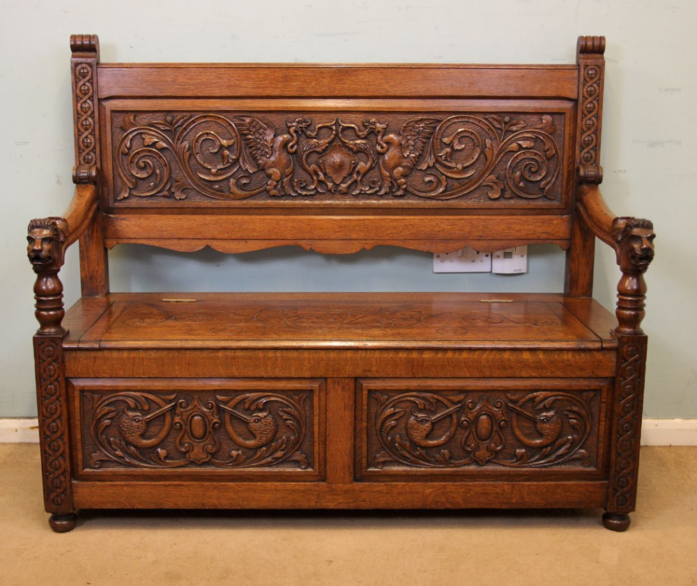 Antique Oak Settle Monks Bench Hall Seat.