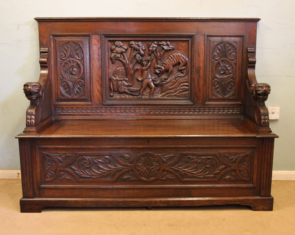 Antique Carved Oak Settle Monks Bench