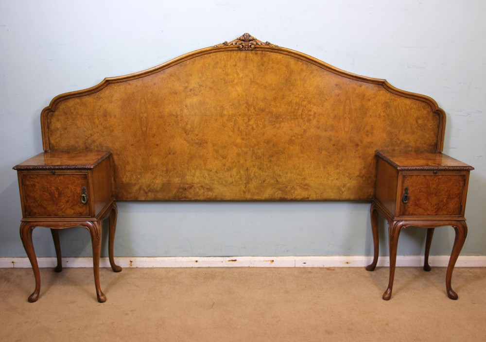 Burr Walnut Headboard with Bedside Cabinets. 