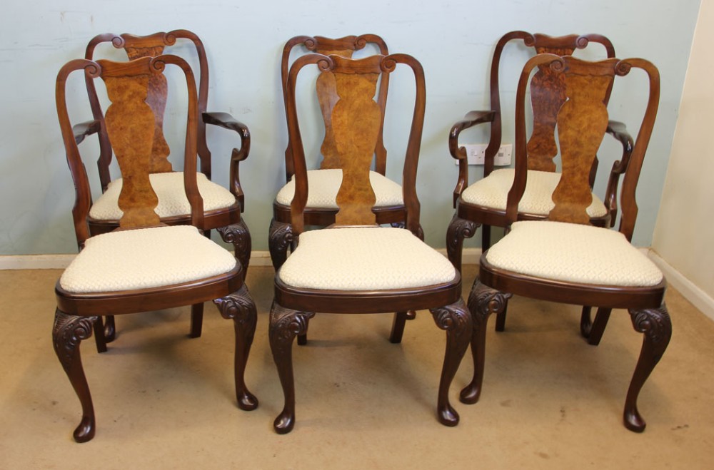 Set Six Queen Anne Style Walnut Dining Chairs