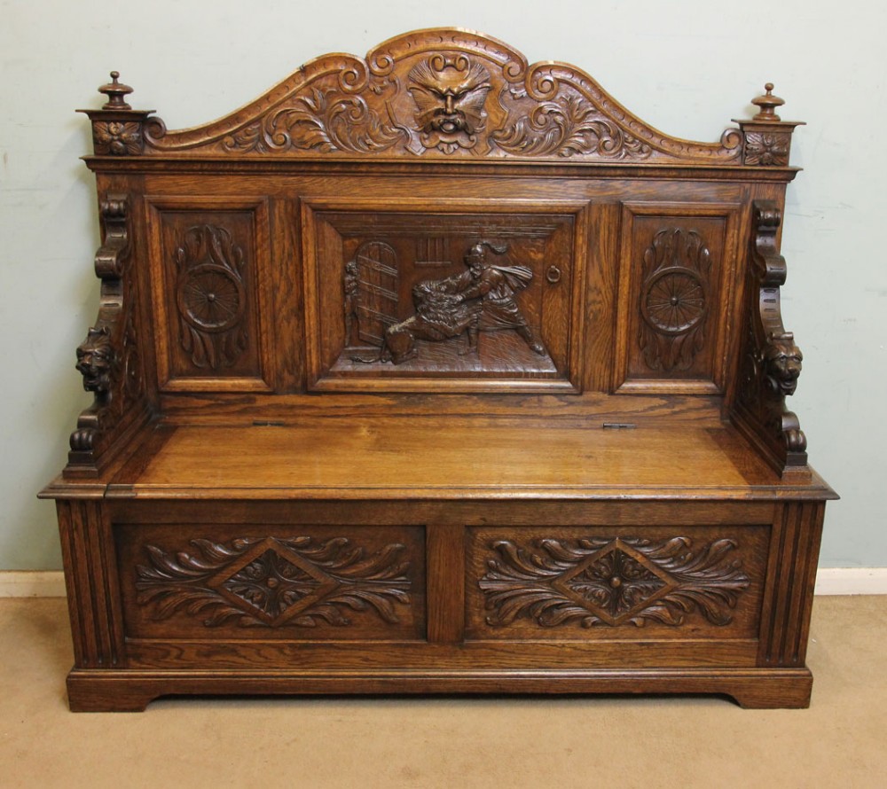Antique Victorian Carved Oak Monks Bench Settle,
