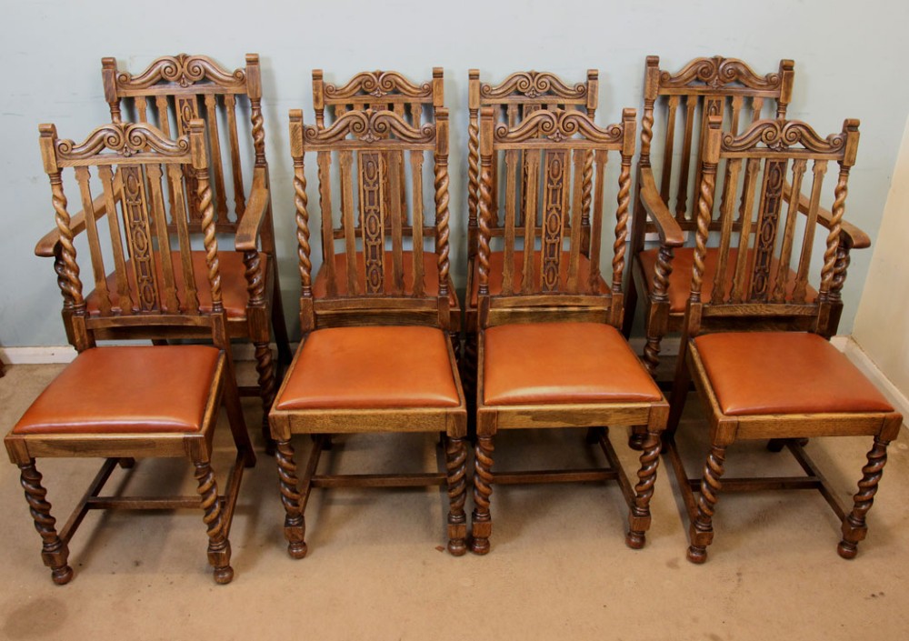 Set Eight Barley Twist Antique Oak Dining Chairs