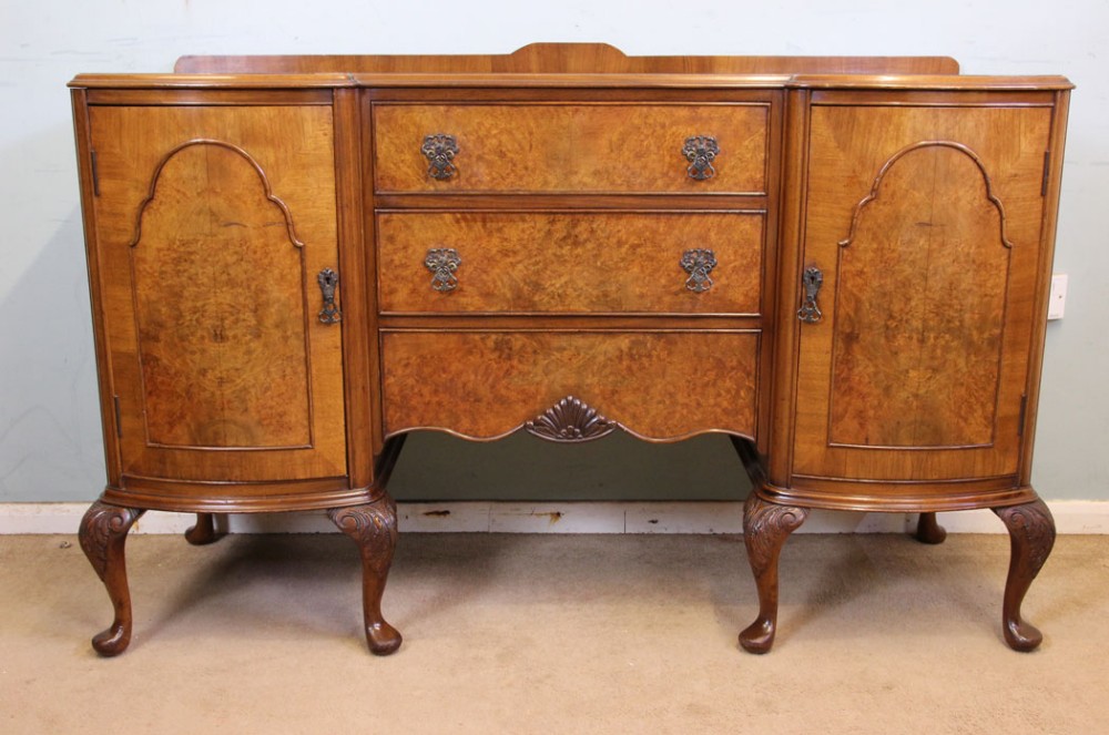 Queen Anne Style Burr Walnut Sideboard Server.
