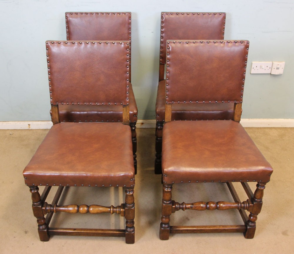 Set of For Oak Padded Back Country Dining Chairs.