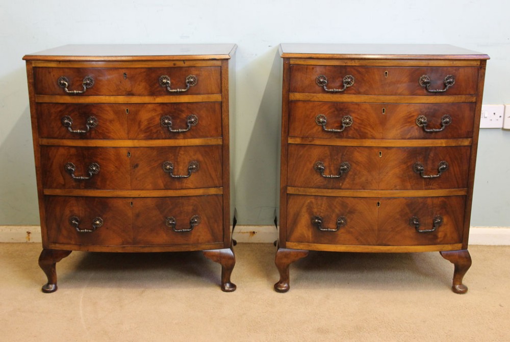 Pair Bow Front Bedside Walnut Chest of Drawers