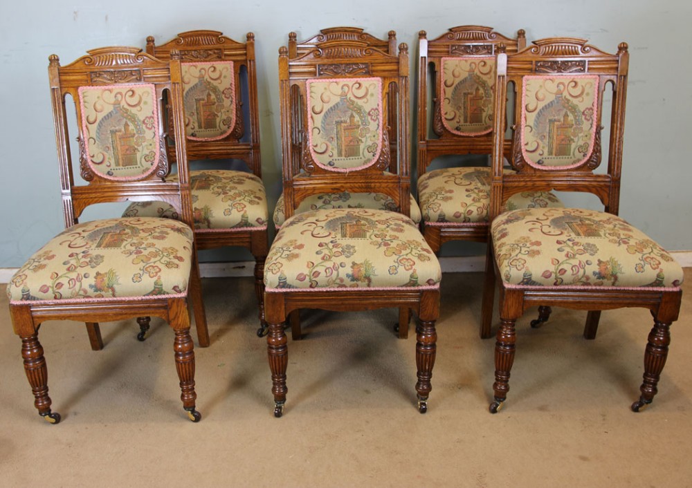 Antique Set of Six Oak Padded Back Dining Chairs