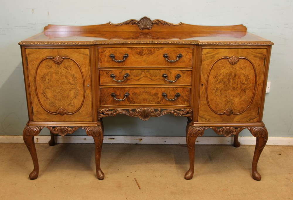 Burr Walnut Queen Anne Style Sideboard.