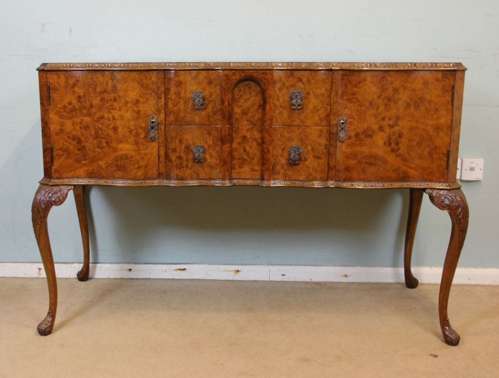 Burr Walnut Serpentine Queen Anne Style Shaped Front Sideboard Server